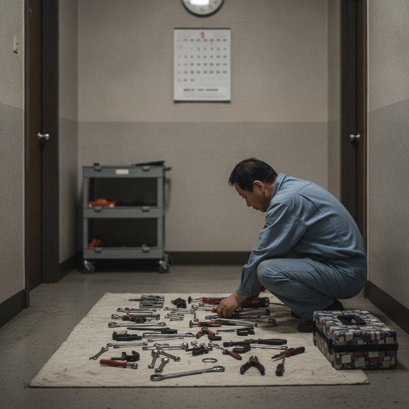 현관에서 점검 도구를 정리하는 손